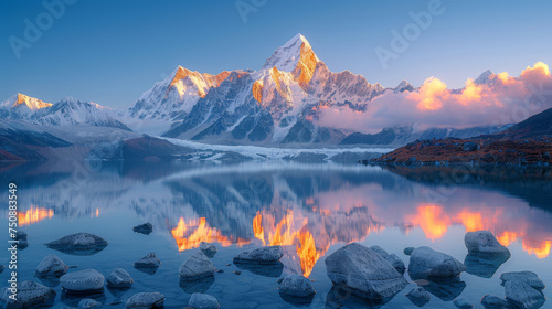 Beautiful landscape with high mountains with illuminated peaks, stones in mountain lake, reflection, blue sky and yellow sunlight in sunrise. Nepal. Amazing scene with Himalayan mountains. Himalayas.