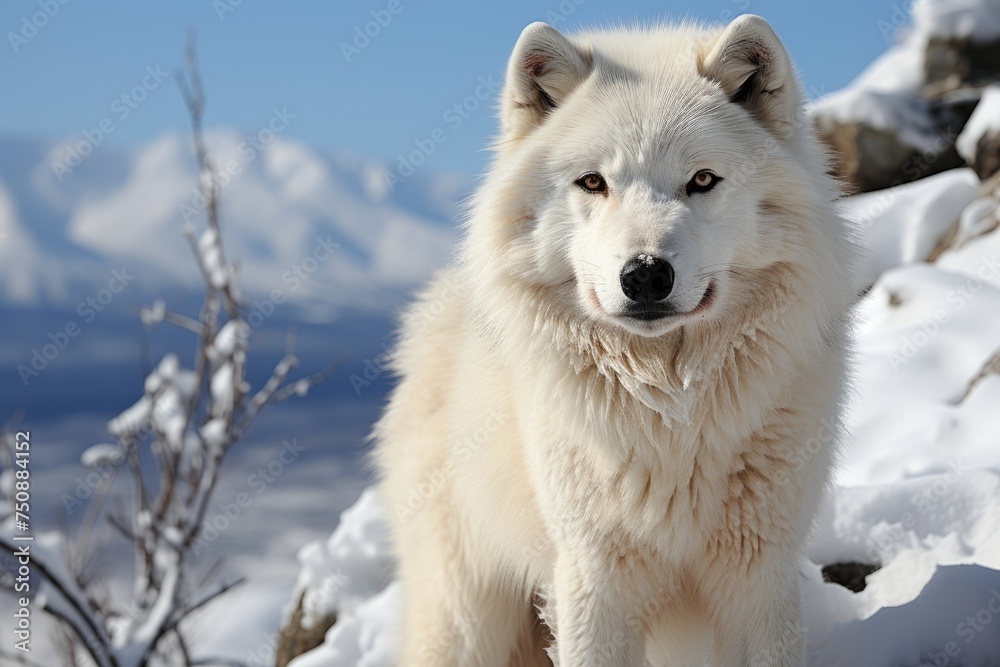 Arctic Wolf sniffing prey in the cold landscape., generative IA Arctic Wolf sniffing prey in the cold landscape., generative IA