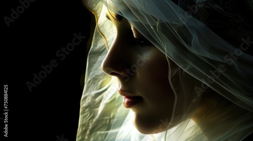 Close-Up Side-On Portrait of Bride in Wedding Veil, Dark Studio Photography