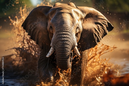 African elephant raises dust in bath ritual.  generative IA