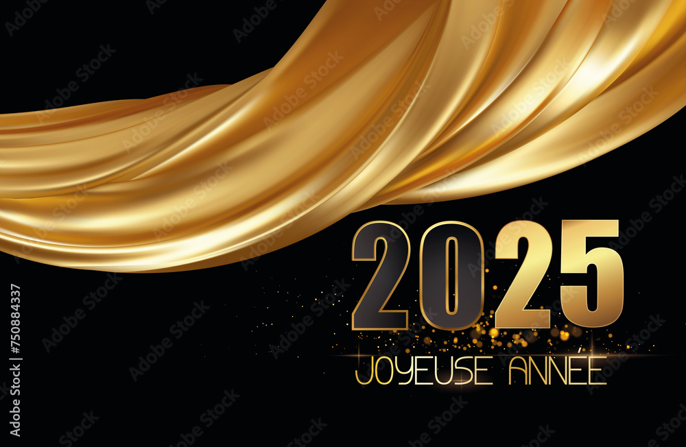 carte ou bandeau pour souhaiter une joyeuse année 2025 en noir et or avec un drapé de tissu