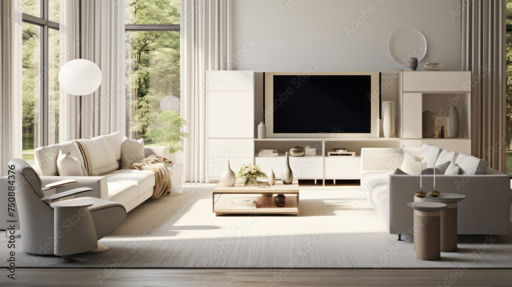 A modern living room with a sleek white entertainment center, augmented reality accent chairs, and a patterned ottoman A modern living room with a sleek white entertainment center, augmented reality accent chairs, and a patterned ottoman