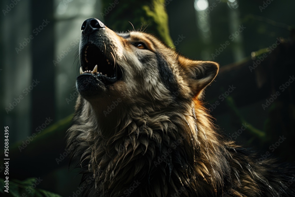 Wolf howling under the full moon, calling its pack., generative IA