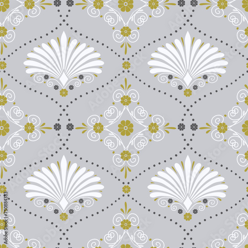 Seamless pattern with white anthemion floral shapes and ogee geometrical motifs on a gray background. Classic abstract repeat wallpaper.