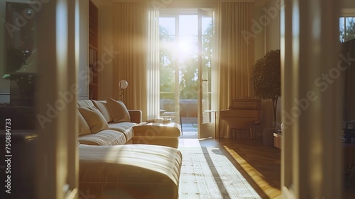 Warm sunlight filters through an elegant living room, inviting and serene