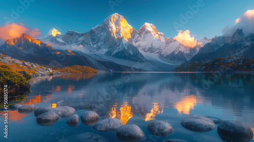 Beautiful landscape with high mountains with illuminated peaks, stones in mountain lake, reflection, blue sky and yellow sunlight in sunrise. Nepal. Amazing scene with Himalayan mountains. Himalayas.