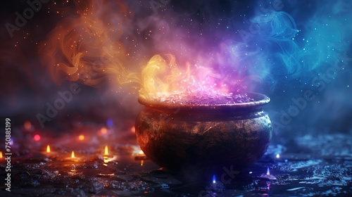Magical Smoking Colorful Potion in a Bowl, yellow, purple and blue colors 