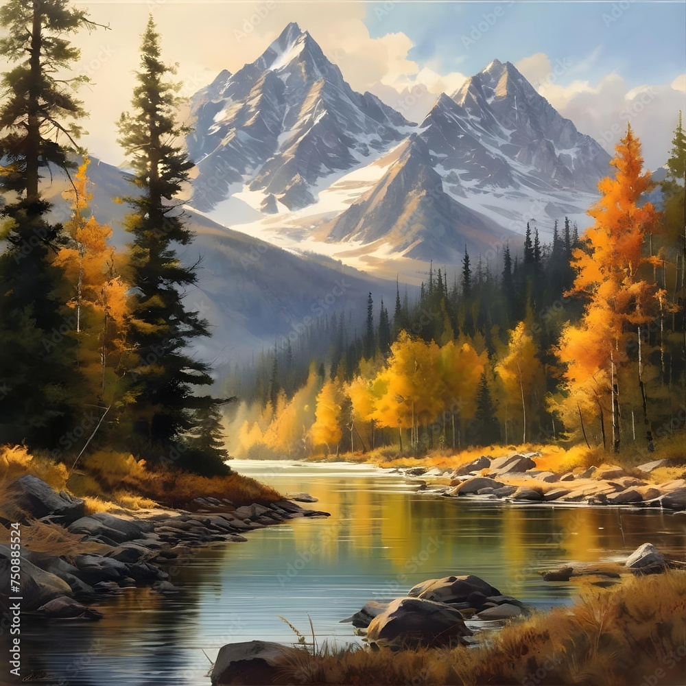 La sérénité d'un automne alpin où les reflets dorés des feuillages contrastent avec la grandeur tranquille des montagnes enneigées. - obrazy, fototapety, plakaty 
