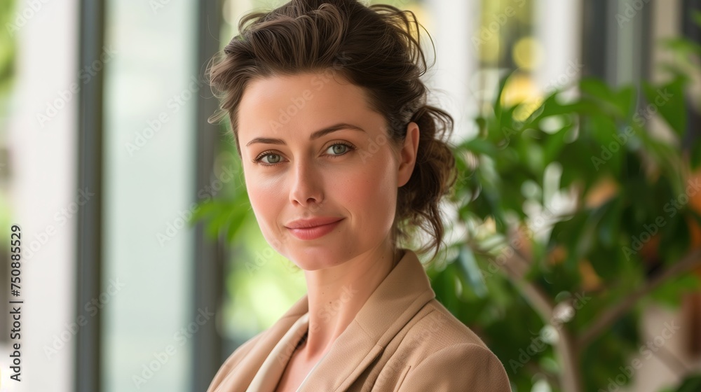 Middle-Aged Woman with Short Brown Hair, Green Eyes, Business Attire, Smiling Middle-Aged Woman with Short Brown Hair, Green Eyes, Business Attire, Smiling