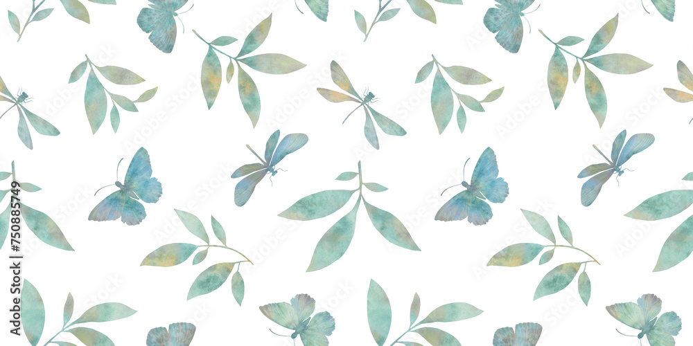 dragonfly butterflies and leaves in a seamless pattern, watercolor illustration, natural ornament, delicate pattern, abstract background, for design - obrazy, fototapety, plakaty 