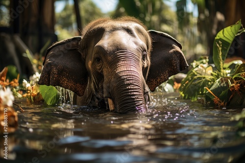 Asian elephant in the sanctuary, surrounded by care., generative IA