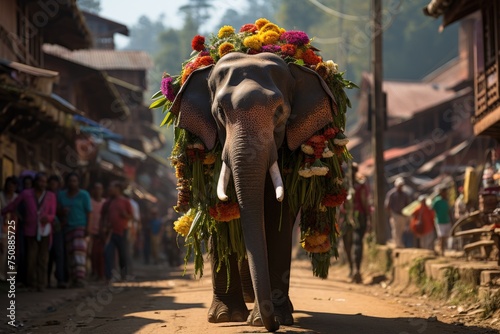 Asian elephant transporting wood in village., generative IA