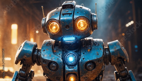 A yellow robot with blue lights strides confidently through the debris of a devastated city landscape under a bright sky