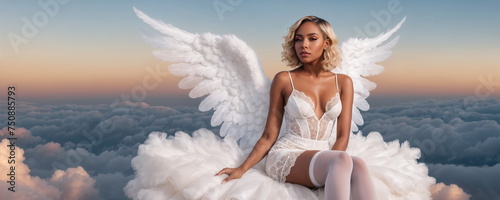 Lovely young female blonde angel in white lingerie.Feather wings.Heaven, clouds, sky.Digital creative designer fashion glamour art.