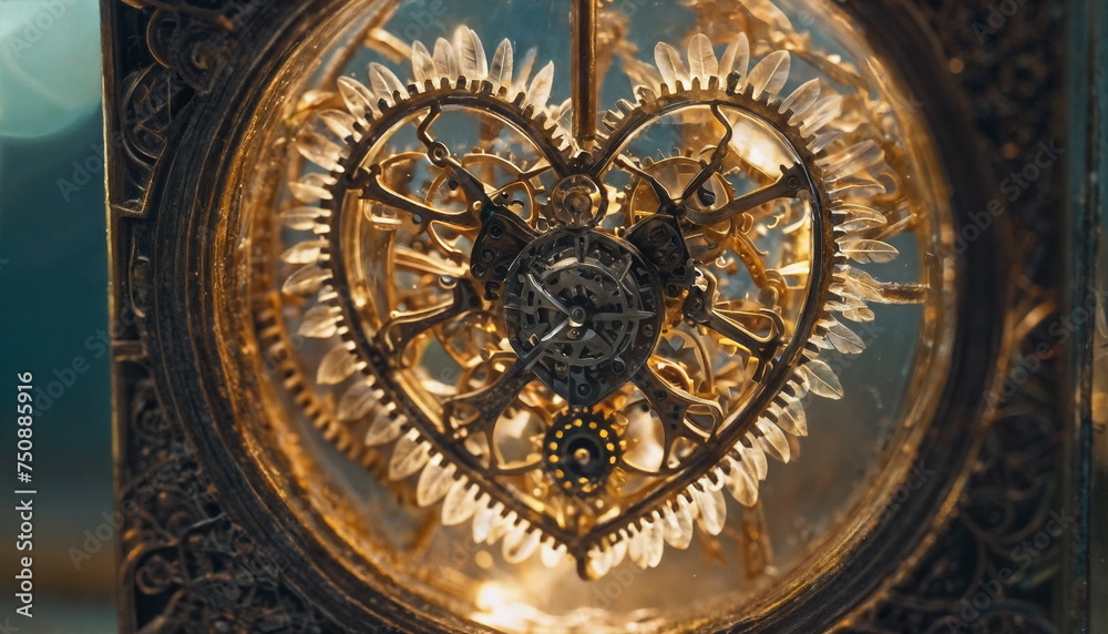 A close-up view of a heart-shaped gear mechanism with a steampunk aesthetic, showcasing detailed metalwork and blue jewels
