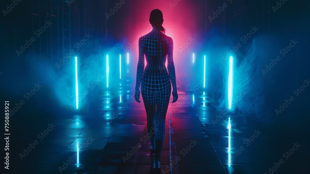 The silhouette of a woman illuminated by neon lights in a dark, foggy atmosphere The silhouette of a woman illuminated by neon lights in a dark, foggy atmosphere