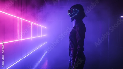 A masked woman in virtual reality in a neon-lit room