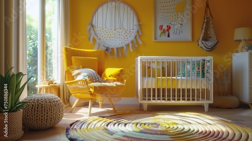 Sunlit baby's room with playful colors and comfortable furniture provides a cheerful space