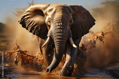 African elephant raises dust in bath ritual., generative IA © JONATAS