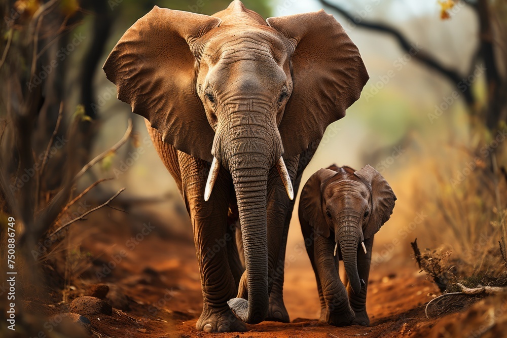 Baby elephant follows his mother closely in the savannah., generative IA
