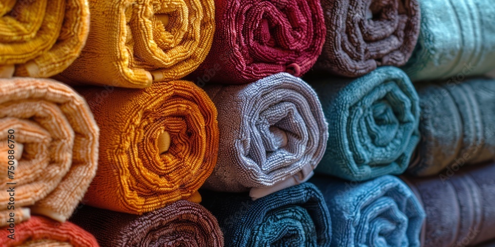 Colorful towels rolled up neatly showcasing a rich and inviting texture