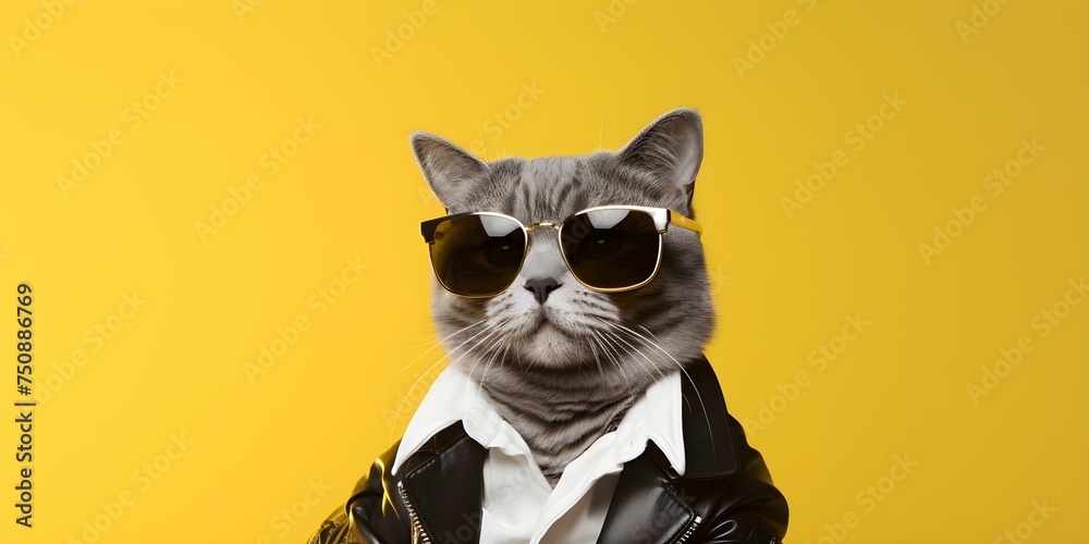 A trendy and affluent feline donning shades poses with cash money Yellow backdrop. Concept Pets Photoshoot, Stylish Accessories, Playful Pets, Money Props, Yellow Background