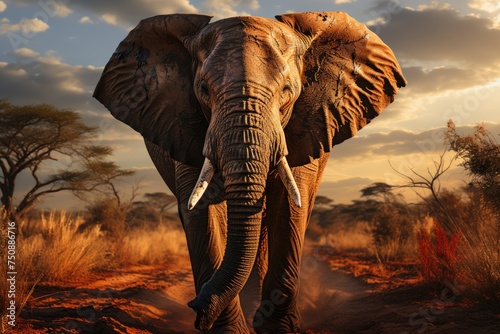 Lonely elephant on the deserted plain at sunset., generative IA © JONATAS