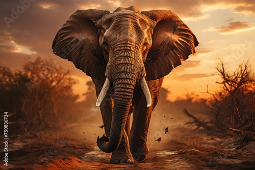 Lonely elephant on the deserted plain at sunset., generative IA © JONATAS