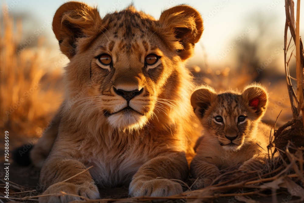Lion pup rests next to the mother after meal., generative IA Lion pup rests next to the mother after meal., generative IA