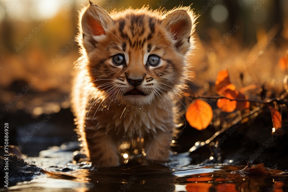 Lion puppy plays with his puddle reflection., generative IA Lion puppy plays with his puddle reflection., generative IA