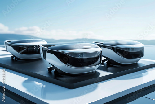 Sleek virtual reality headsets displayed on a shiny surface with reflections, highlighting their modern design and cutting-edge technology aspect