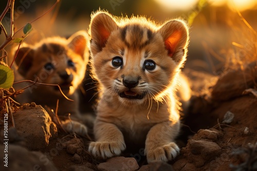 Lion puppies exploring rocks in the African savannah., generative IA