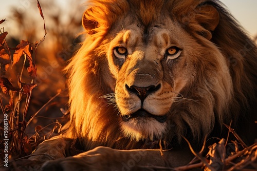 Majestic lion roaring in the savannah at sunset., generative IA