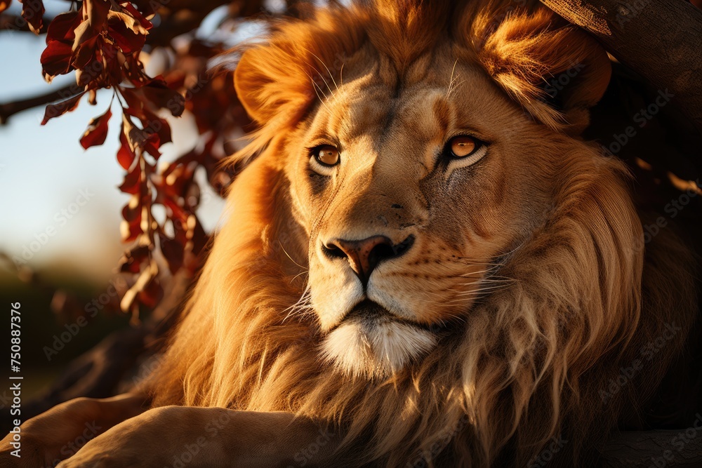 Lion Dourado stretches in the sunny savannah., generative IA Lion Dourado stretches in the sunny savannah., generative IA