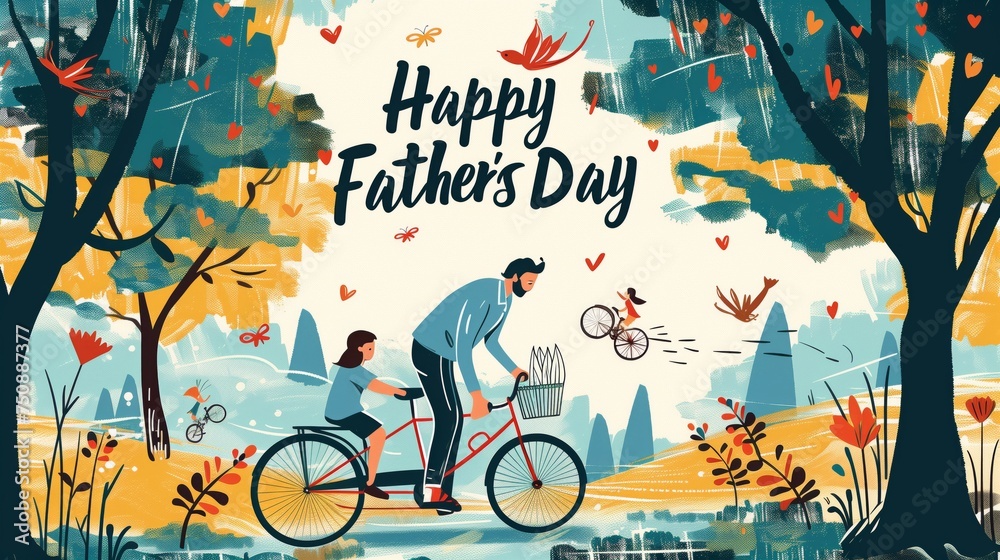 Naklejka premium An illustration of a father teaching his child to ride a bike in a park setting. 