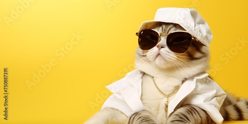 A stylish and wealthy cat wearing sunglasses poses with cash against a yellow background. Concept Outdoor Photoshoot, Colorful Props, Playful Poses, Animal Photography, © Ян Заболотний