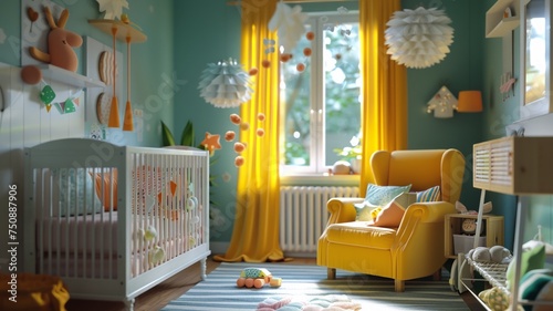 Sunlit baby's room with playful colors and comfortable furniture provides a cheerful space