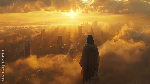 Jesus Christ Watches Over a Modern City at Dawn. Christianity and the Return of Jesus.