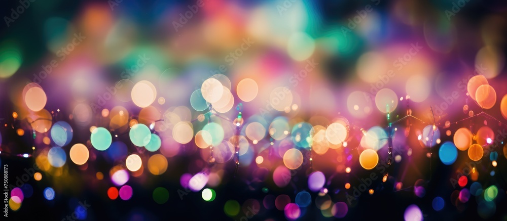 Multiple colorful lights create a mesmerizing blurred effect against a dark background, reflecting the lively atmosphere of a nighttime festival.