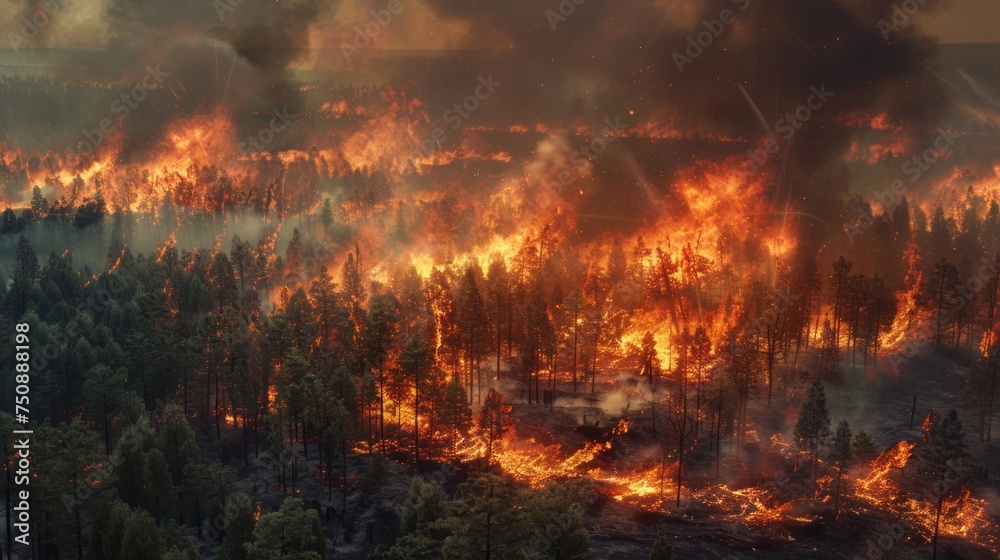 Devastating forest fire, dramatic, wildfire, destruction, nature in crisis, environmental disaster, urgent