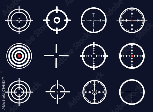 Optical sight view. Sniper scope POV overlay, measurement crosshair and look through zoom lens vector set. A set of zoom sights.