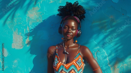 Joyful African American woman with headphones, vibrant summer dress, sunny, relaxed, urban style