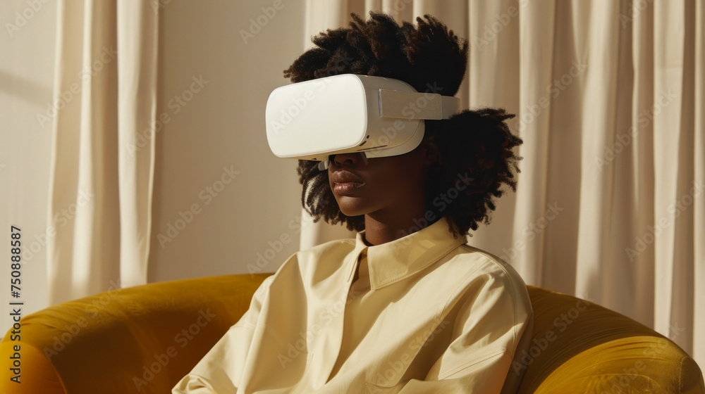 A person is comfortably seated in a modern chair, engaged with a virtual reality headset in a cozy room setup
