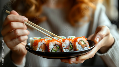 Woman keeping a dish of Japanese traditional sushi roll with salmon and avocado.
