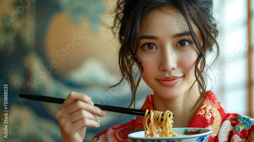 Portrait of a beautiful young woman eating noodles using chopstick. photo