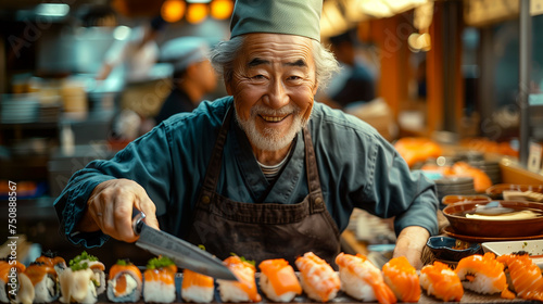 Portrait of a elderly Japanese chef preparing sushi holding a knife in a traditional restaurant.