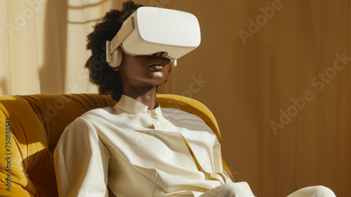 Relaxed African woman enjoying advanced VR technology while sitting comfortably on a sofa in a well-lit room