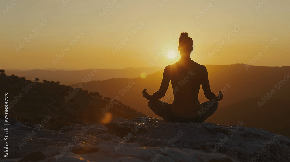 Man in yoga pose, zen meditation at sunset
