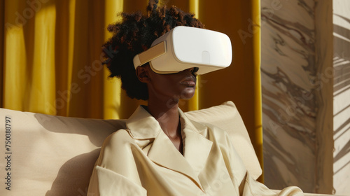 A person exuding elegance in chic attire sits with a VR headset, the room bathed in soft natural light delivering a serene experience