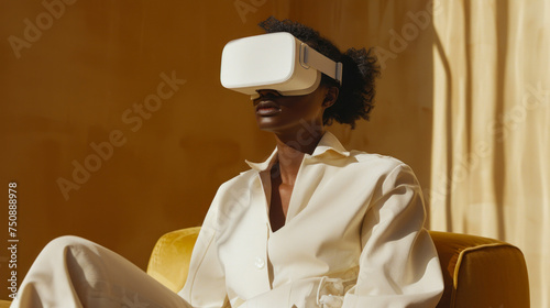 A serene scene captures an individual in a white outfit and VR headset amidst a warm, monochromatic setting